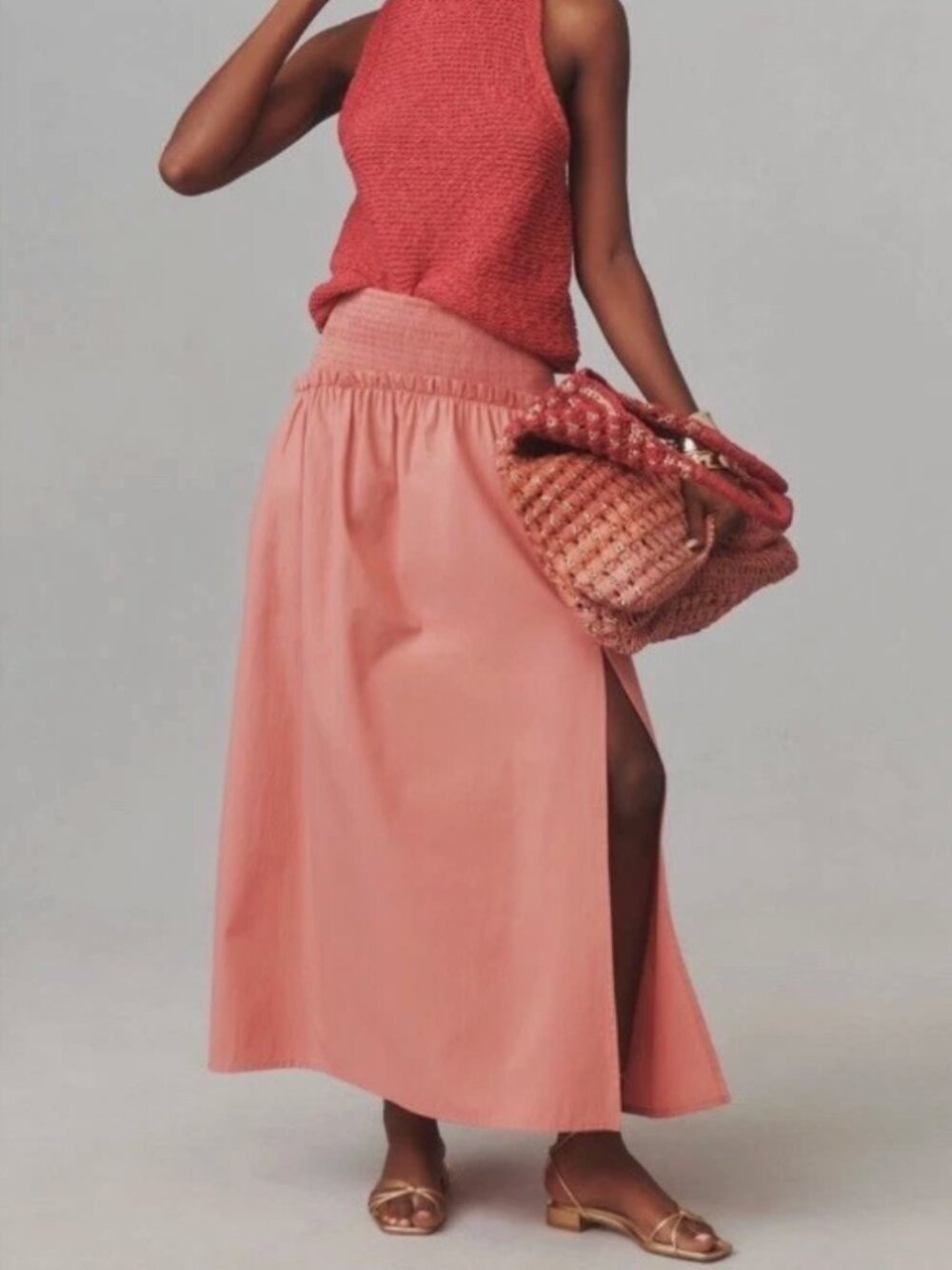 Anthropologie Smocked Yoke Maxi Skirt Medium Pink‎ Cottage Peasant Side Slit
